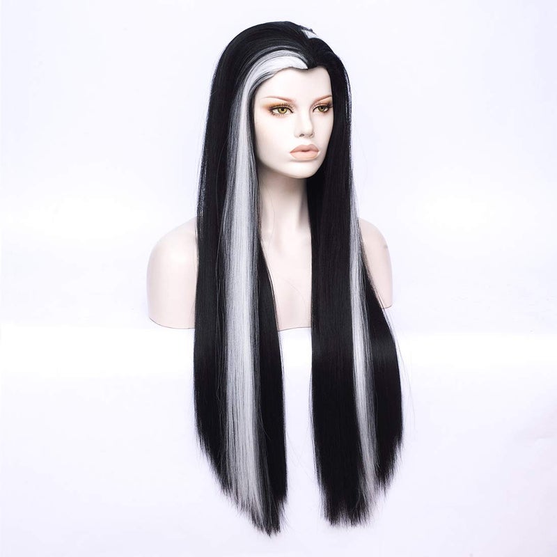 مورتيشا شعر مستعار طويل مستقيم باللونين الأبيض والأسود من MORTICIA بتصميم ذروة الأرملة للنساء - Image 2